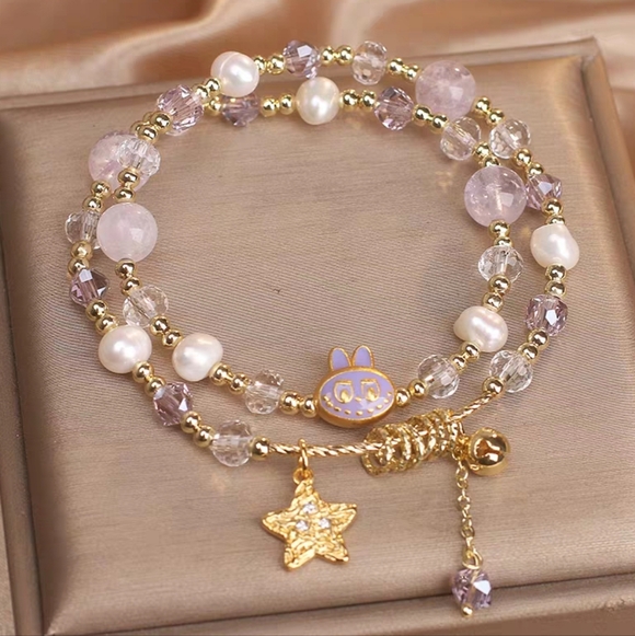 Labubu Inspired Double-Strand Lavender Crystal & Pearl Bracelet - Picture 3 of 8